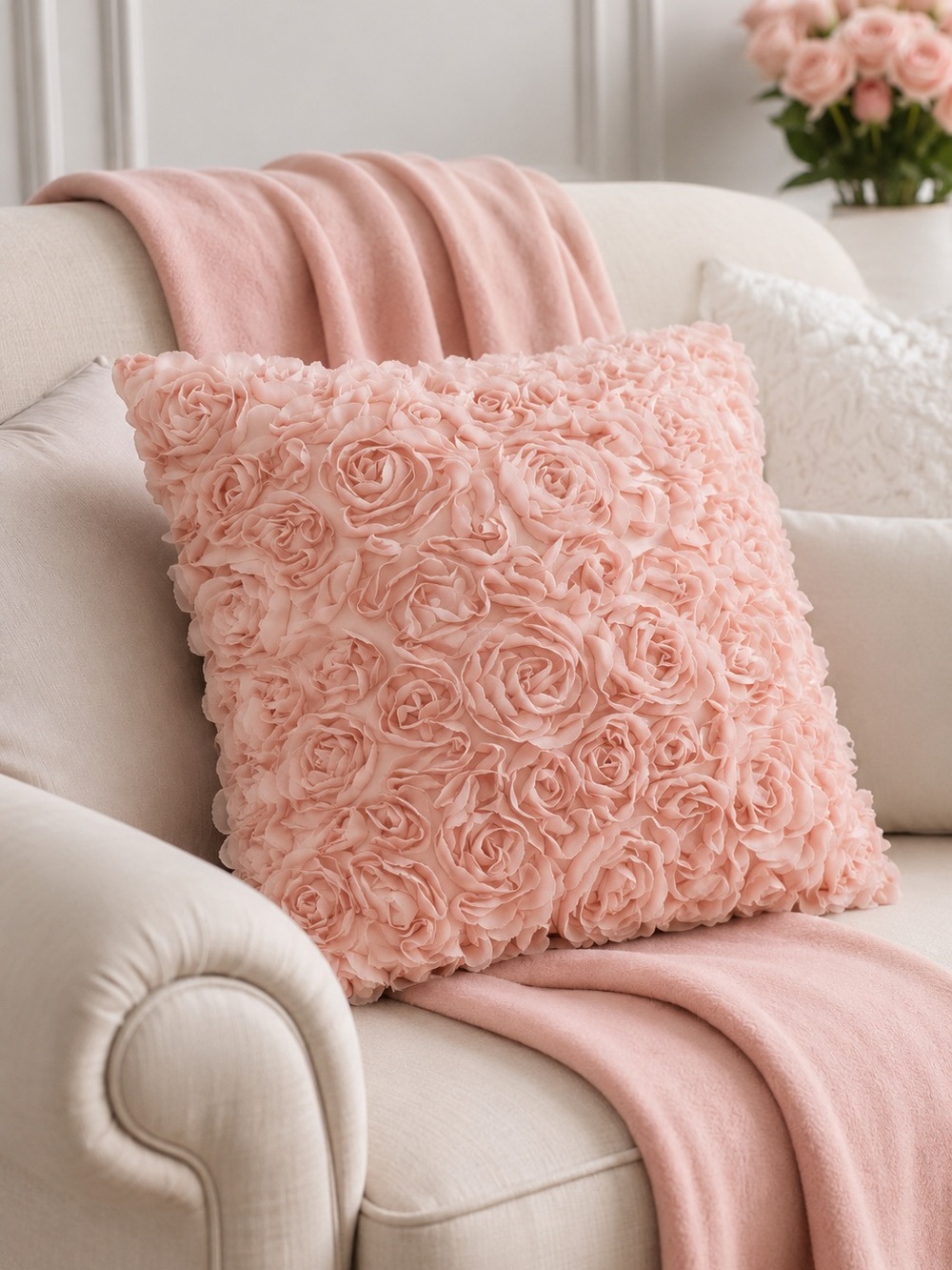 Miulee Pink 3D Rose Flower Pillow Cover 18x18 Coquette Cottagecore Decor
